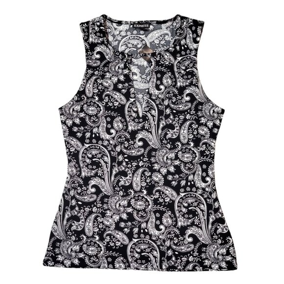 Express Black and White Sleeveless Paisley Print Keyhole Top XSmall - Picture 11 of 11